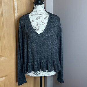 Olivia Rae Dark Charcoal V-Neck Ruffle Hem Pullover, Sz M